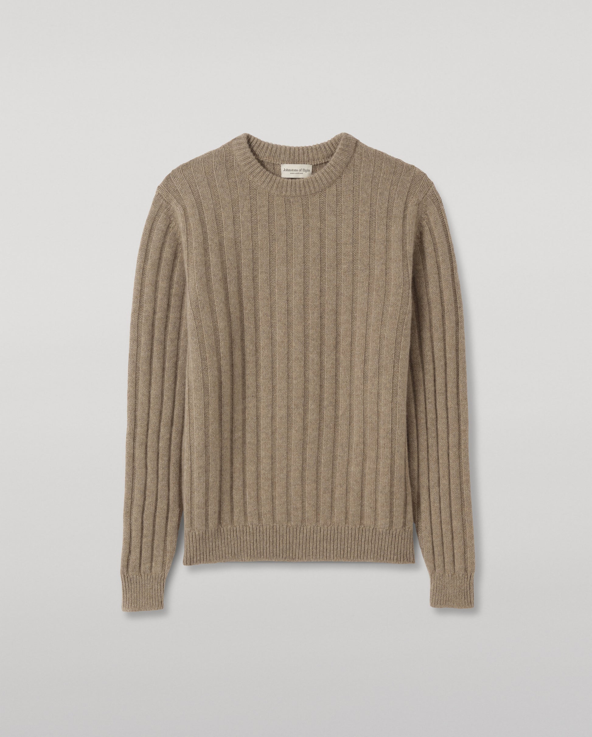 JOHNSTONS OF ELGIN PEEL CREW SWEATER CASHMERE FLAT RIB CREW SWEATER - 8 PLY LIGHT BROWN 100% CASHMERE KAC05751HB4447