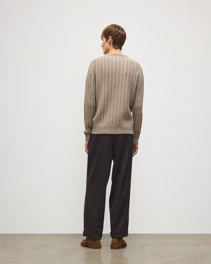 JOHNSTONS OF ELGIN PEEL CREW SWEATER CASHMERE FLAT RIB CREW SWEATER - 8 PLY LIGHT BROWN 100% CASHMERE KAC05751HB4447
