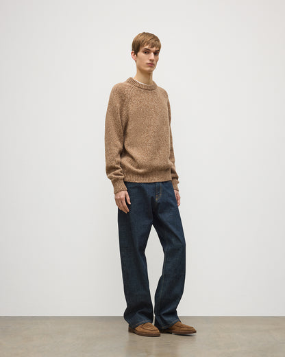 JOHNSTONS OF ELGIN FYFE CREW SWEATER CASHMERE 3 COLOUR MARL CREW SWEATER - 6 PLY BROWN MARL 100% CASHMERE WITH ATHOLL OVERSHIRT KAC05753007013