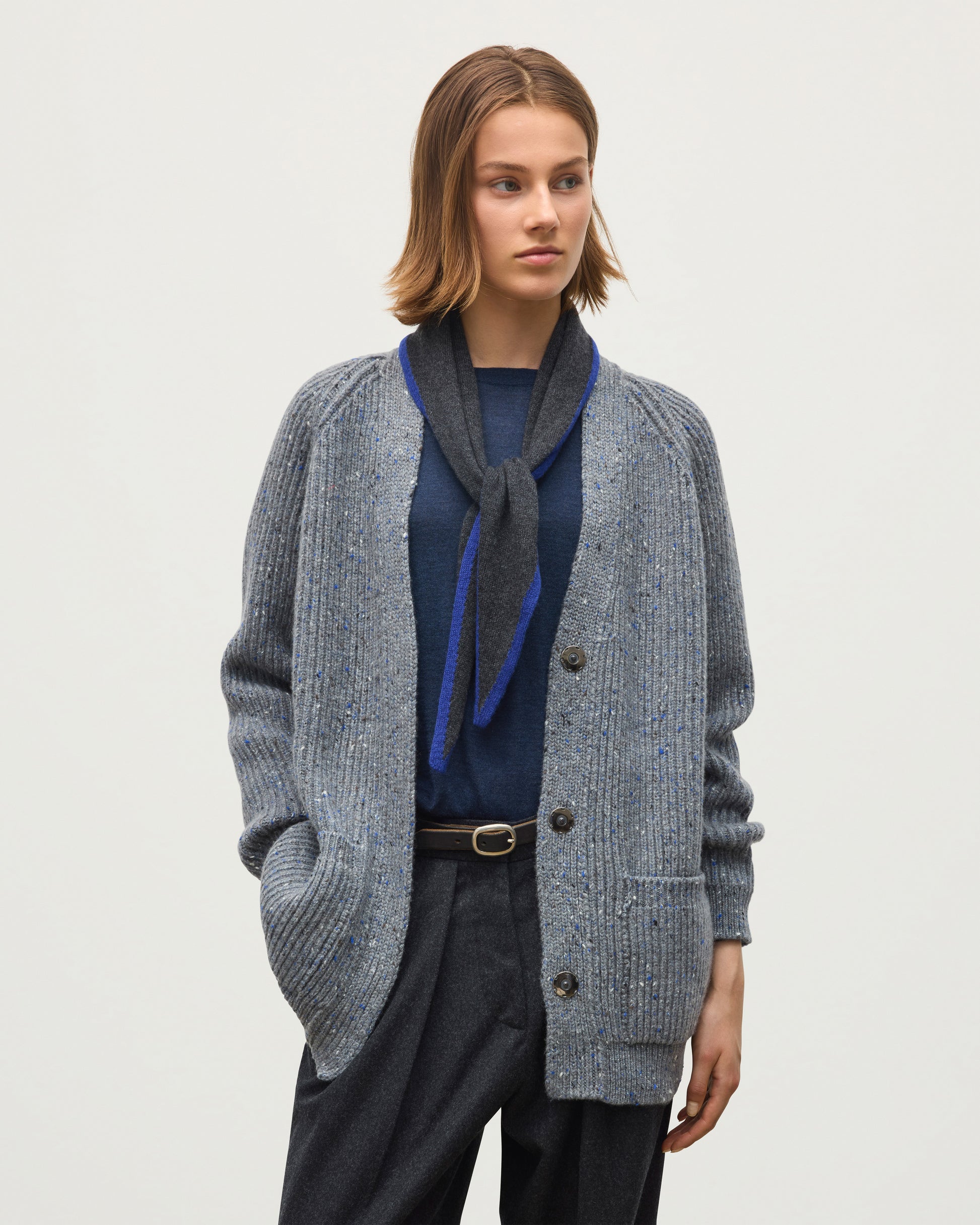 JOHNSTONS OF ELGIN NORAH CARDIGAN DONEGAL CASHMERE RIBBED CARDIGAN WITH POCKETS GREY 100% CASHMERE KAC05992HA4270