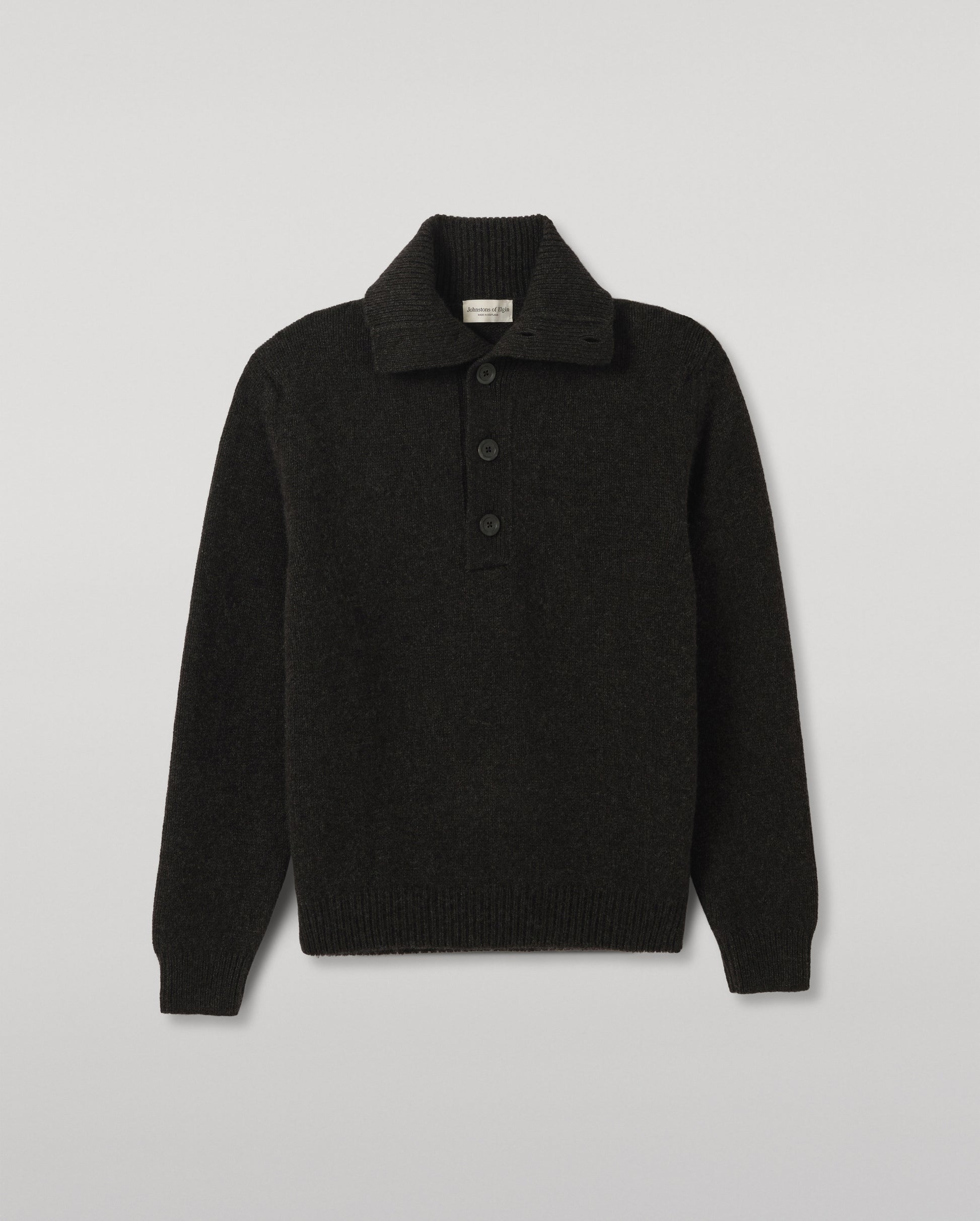 JOHNSTONS OF ELGIN DOUGLAS BUTTON NECK SWEATER CASHMERE BUTTON NECK SWEATER DARK GREY 100% CASHMERE KAC06010HA7241