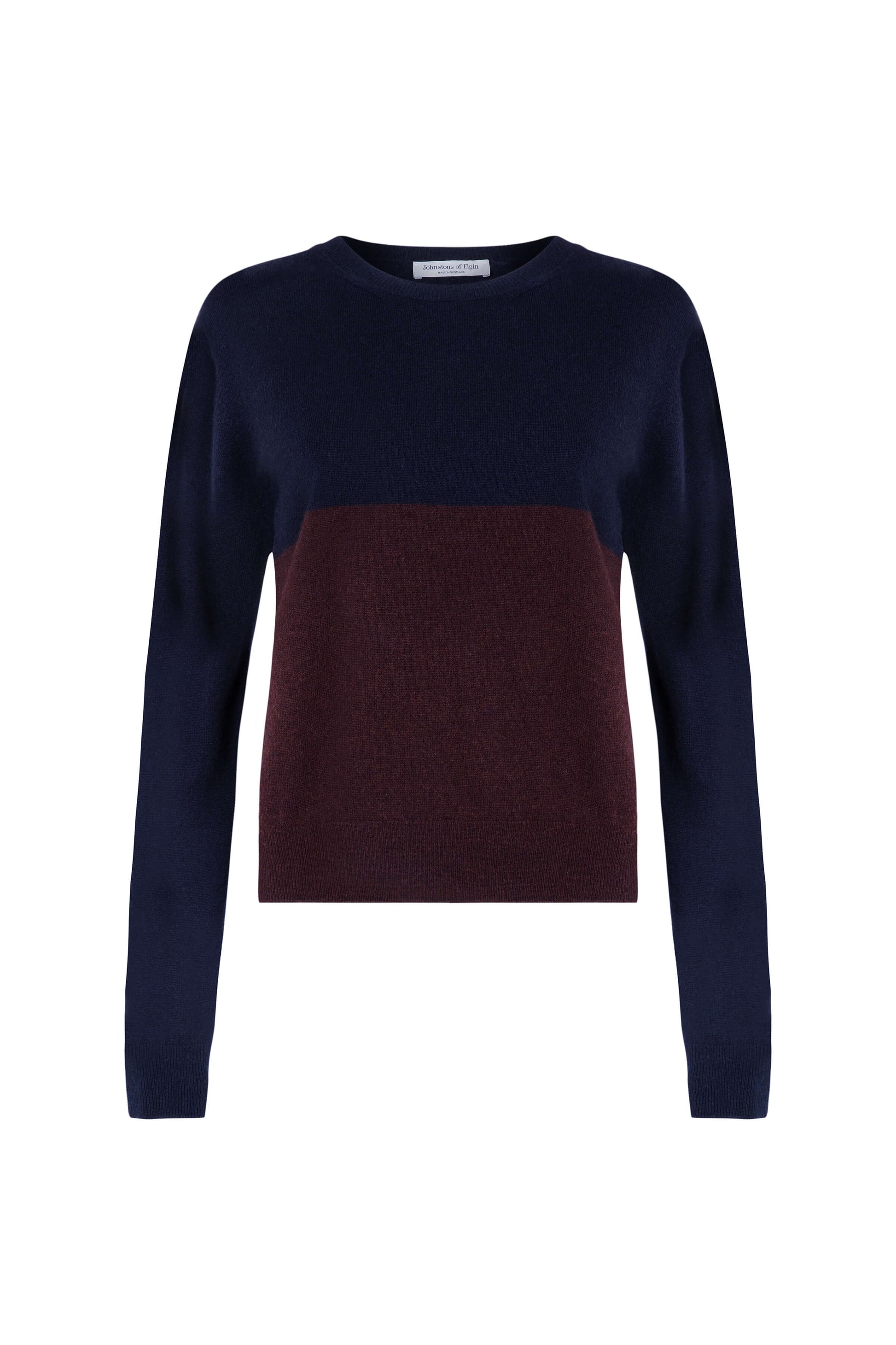 Johnstons of Elgin SS24 Women's Knitwear Malt Brown & Dark Navy Colour Block Cropped Cashmere Sweater KAI05247Q24271