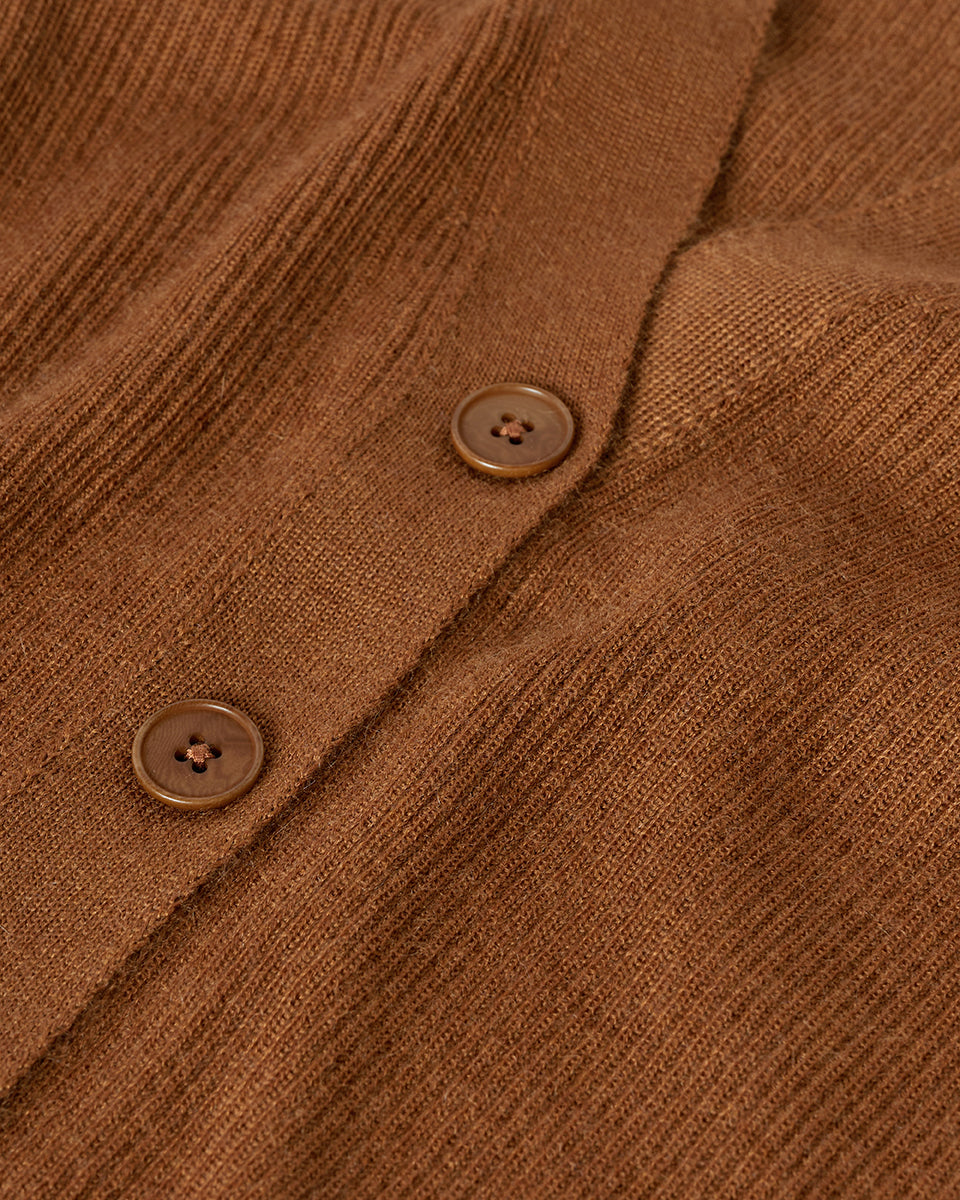 Johnstons of Elgin AW25 Women's Knitwear Dark Camel Superfine Cashmere Camel Cardigan neckline details KAI05372SB7300