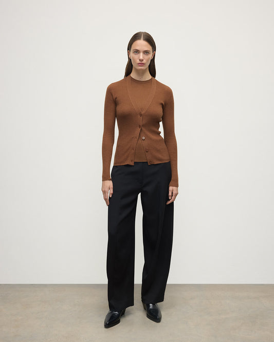 Model wearing Johnstons of Elgin AW25 Women's Knitwear Dark Camel Superfine Cashmere Camel Cardigan Front View KAI05372SB7300