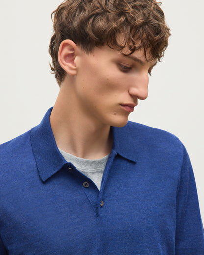 JOHNSTONS OF ELGIN FIN LONG SLEEVE POLO SHIRT SUPERFINE CASHMERE LONG SLEEVE POLO SHIRT - 3 PLY BLUE 100% CASHMERE KAI05481HD4509