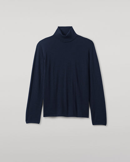 Johnstons of Elgin AW25 Women's Knitwear Dark Navy Superfine Cashmere Navy Roll Neck Jumper Close Up KAI05607SD7600