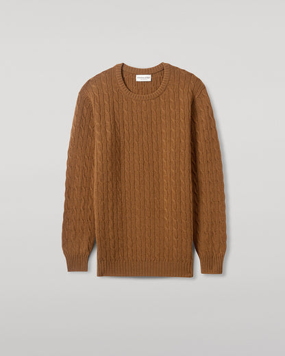 Johnstons of Elgin AW25 Men's Knitwear Dark Camel Cable Knit Camel Cashmere Jumper Details KAI05693SB4620