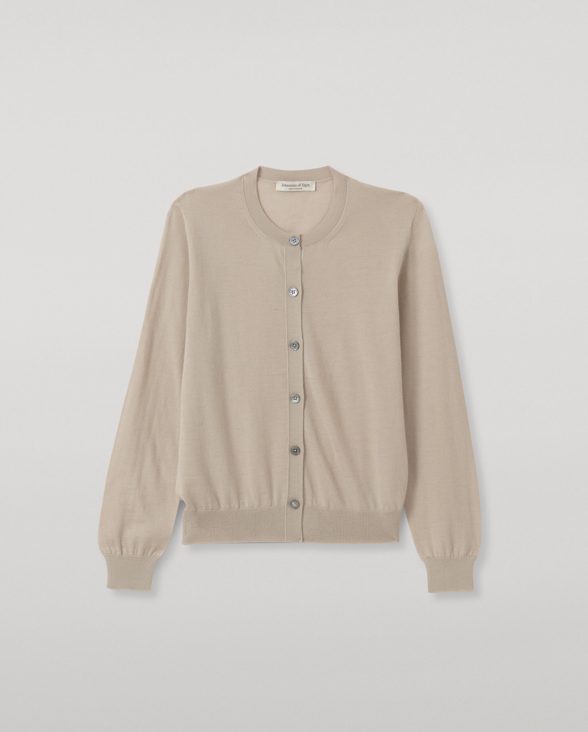 JOHNSTONS OF ELGIN HONOR CREW CARDIGAN SUPERFINE CASHMERE ROUND NECK CARDIGAN - 3 PLY CREAM 100% CASHMERE KAI05708SA0664