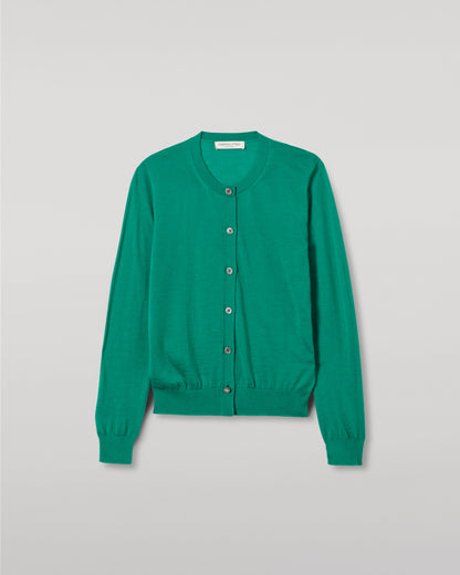 JOHNSTONS OF ELGIN WOMENS HONOR CREW CARDIGAN GREEN 100% SUPERFINE CASHMERE KAI05708SC4714