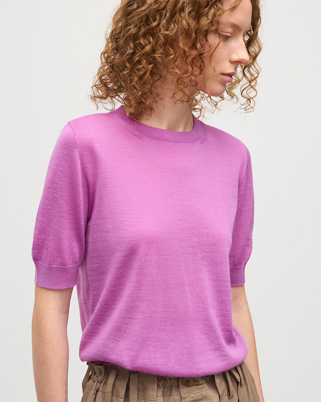 JOHNSTONS OF ELGIN WOMENS HONOR SHORT SLEEVE CREW PINK 100% SUPERFINE CASHMERE KAI05712SE5321