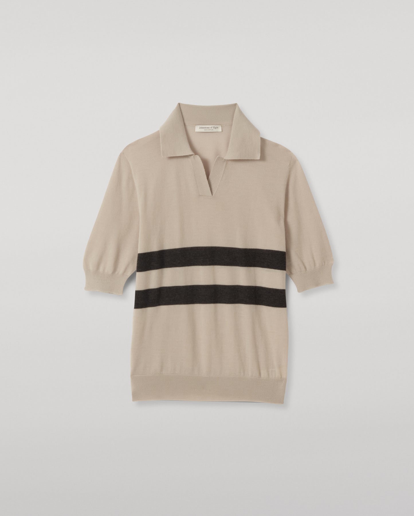 JOHNSTONS OF ELGIN COIRA SHORT SLEEVE SHIRT SUPERFINE CASHMERE OPEN POLO SHIRT WITH CONTRAST TRIMS - 3 PLY CREAM & GREY 100% CASHMERE KAI05714Q26408