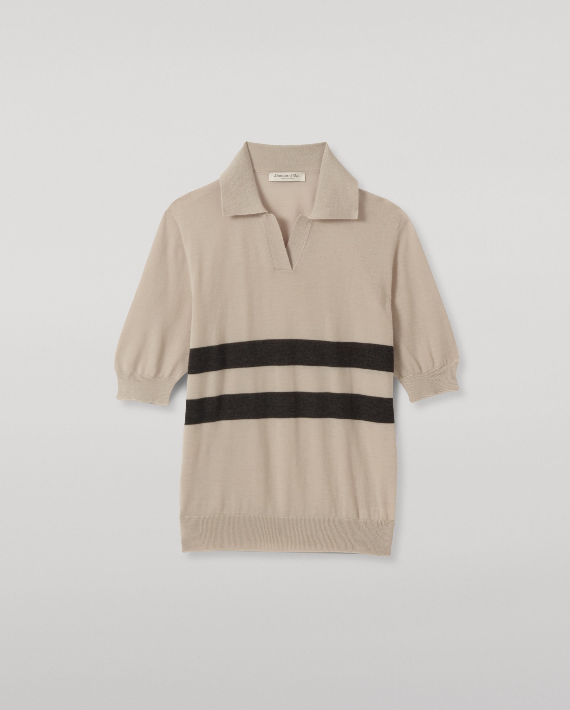 JOHNSTONS OF ELGIN COIRA SHORT SLEEVE SHIRT SUPERFINE CASHMERE OPEN POLO SHIRT WITH CONTRAST TRIMS - 3 PLY CREAM & GREY 100% CASHMERE KAI05714Q26408