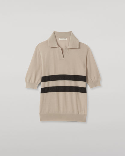 JOHNSTONS OF ELGIN COIRA SHORT SLEEVE SHIRT SUPERFINE CASHMERE OPEN POLO SHIRT WITH CONTRAST TRIMS - 3 PLY CREAM & GREY 100% CASHMERE KAI05714Q26408