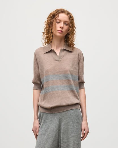 JOHNSTONS OF ELGIN WOMENS COIRA SHORT SLEEVE SHIRT BROWN & GREY 100% SUPERFINE CASHMERE KAI05714Q25956