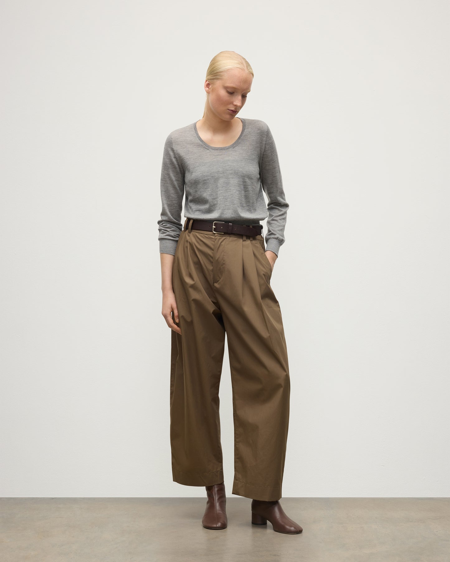 MODEL WEAR JOHNSTONS OF ELGIN WOMENS ELLA SCOOP SWEATER GREY WITH BROWN WIDE LEG TROUSERS AND BROWN BOOTS KAI05723HA4253