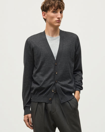 JOHNSTONS OF ELGIN FORSYTH CARDIGAN SUPERFINE CASHMERE VEE NECK CARDIGAN - 3 PLY DARK GREY 100% CASHMERE KAI05740HA7218
