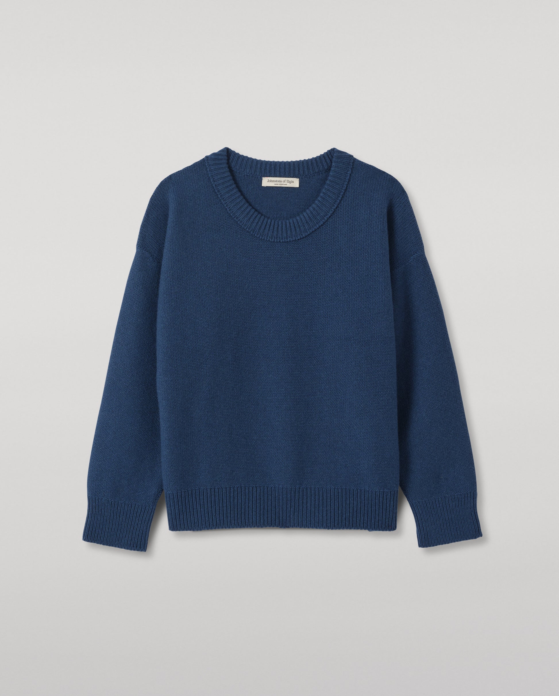 JOHNSTONS OF ELGIN MAGGIE CREW SWEATER CASHMERE REVERSE STITCH ROUND NECK SWEATER - 8 PLY BLUE 100% CASHMERE KAI05990SD5369