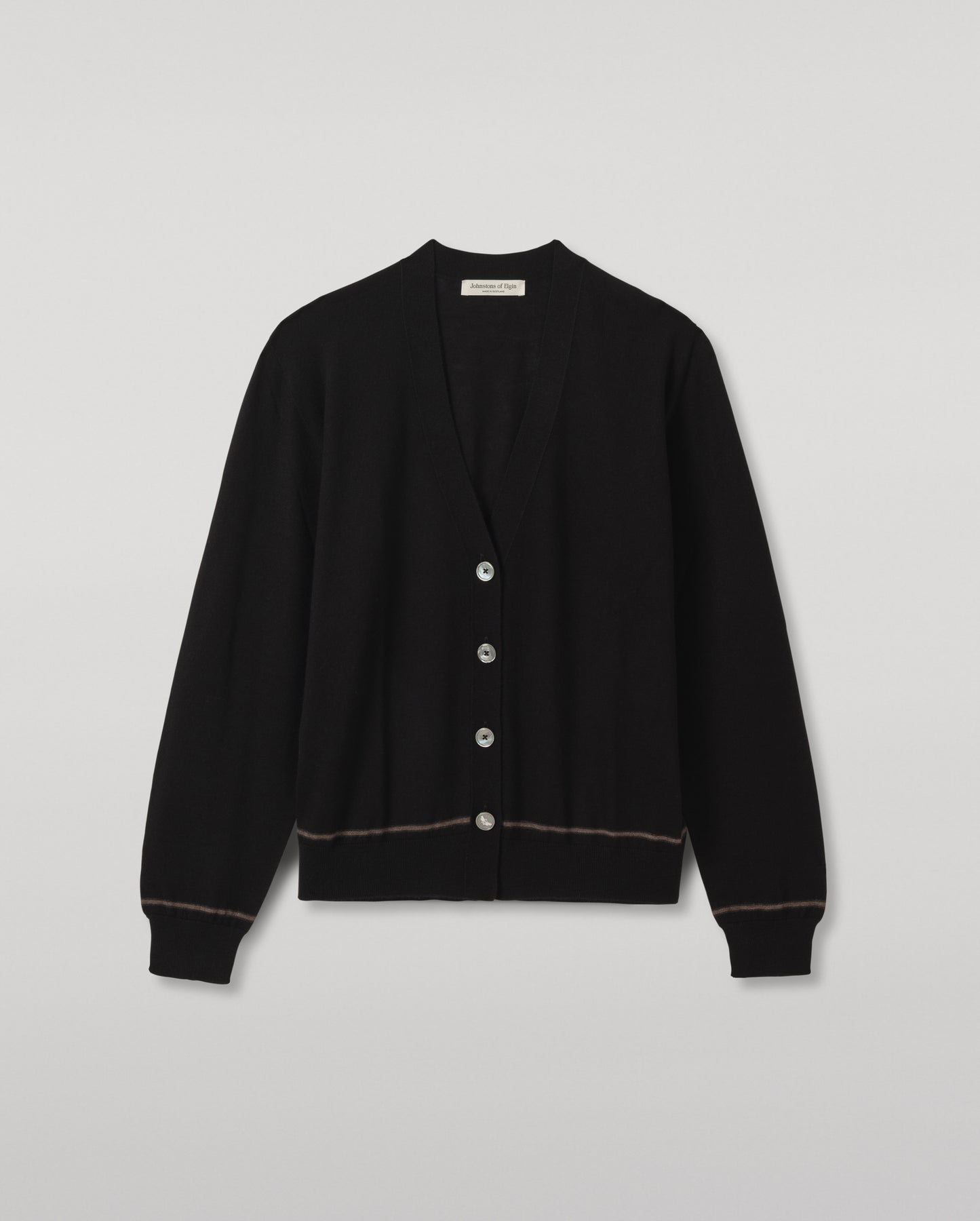 JOHNSTONS OF ELGIN EFFIE VEE CARDIGAN SUPERFINE CASHMERE VEE NECK CARDIGAN WITH TIPPING - 3 PLY BLACK 100% CASHMERE KAI06032Q26334
