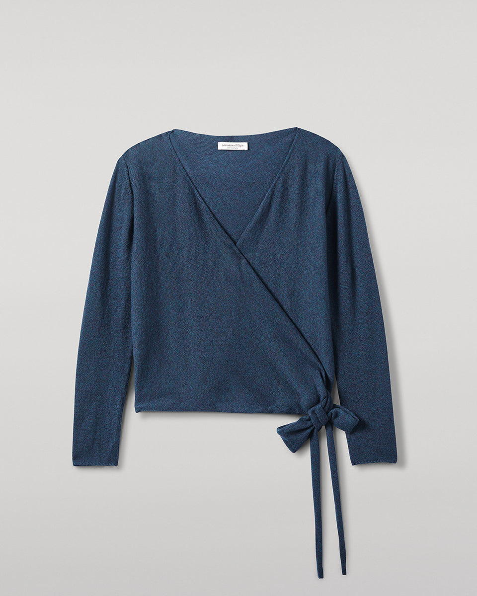 Johnstons of Elgin AW25 Women's Knitwear Heather Navy Ballet Wrap Navy Cashmere Cardigan Close Up  KAP05408HD7321