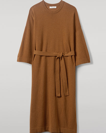 Johnstons of Elgin AW25 Women's Knitwear Dark Camel Tie-Waist Cashmere Camel Jumper Dress Details   KAP05490SB4620