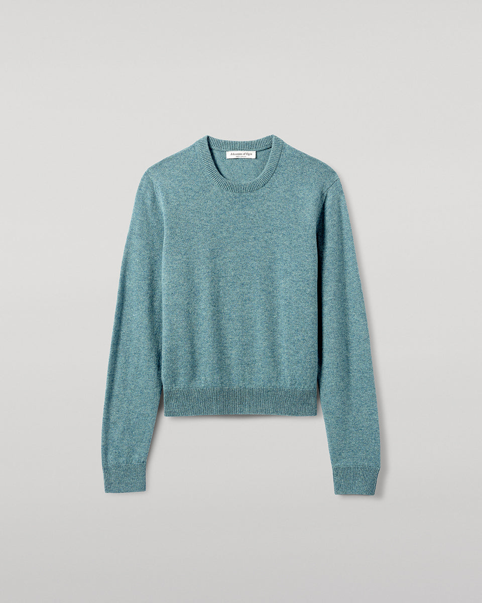 Johnstons of Elgin AW25 Women's Knitwear Seascape Classic Cashmere Green Round Neck Jumper Close Up  KAP05572HC0038