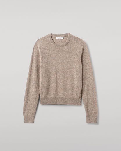 Johnstons of Elgin AW25 Women's Knitwear Ash Classic Cashmere Brown Round Neck Close Up KAP05572HB4334