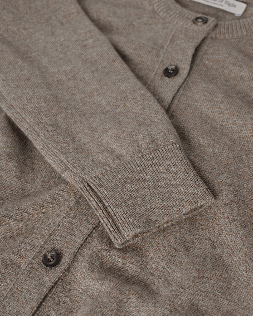 Johnstons of Elgin AW25 Women's Knitwear Ash Classic Cashmere Brown Cardigan Close Up KAP05573HB4334