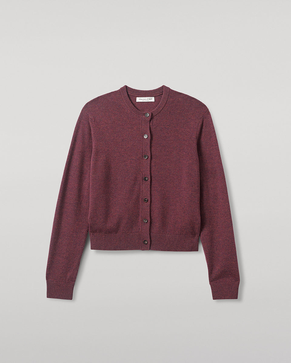 Johnstons of Elgin AW25 Women's Knitwear Damson Classic Cashmere Purple Cardigan Close Up KAP05573HE7064