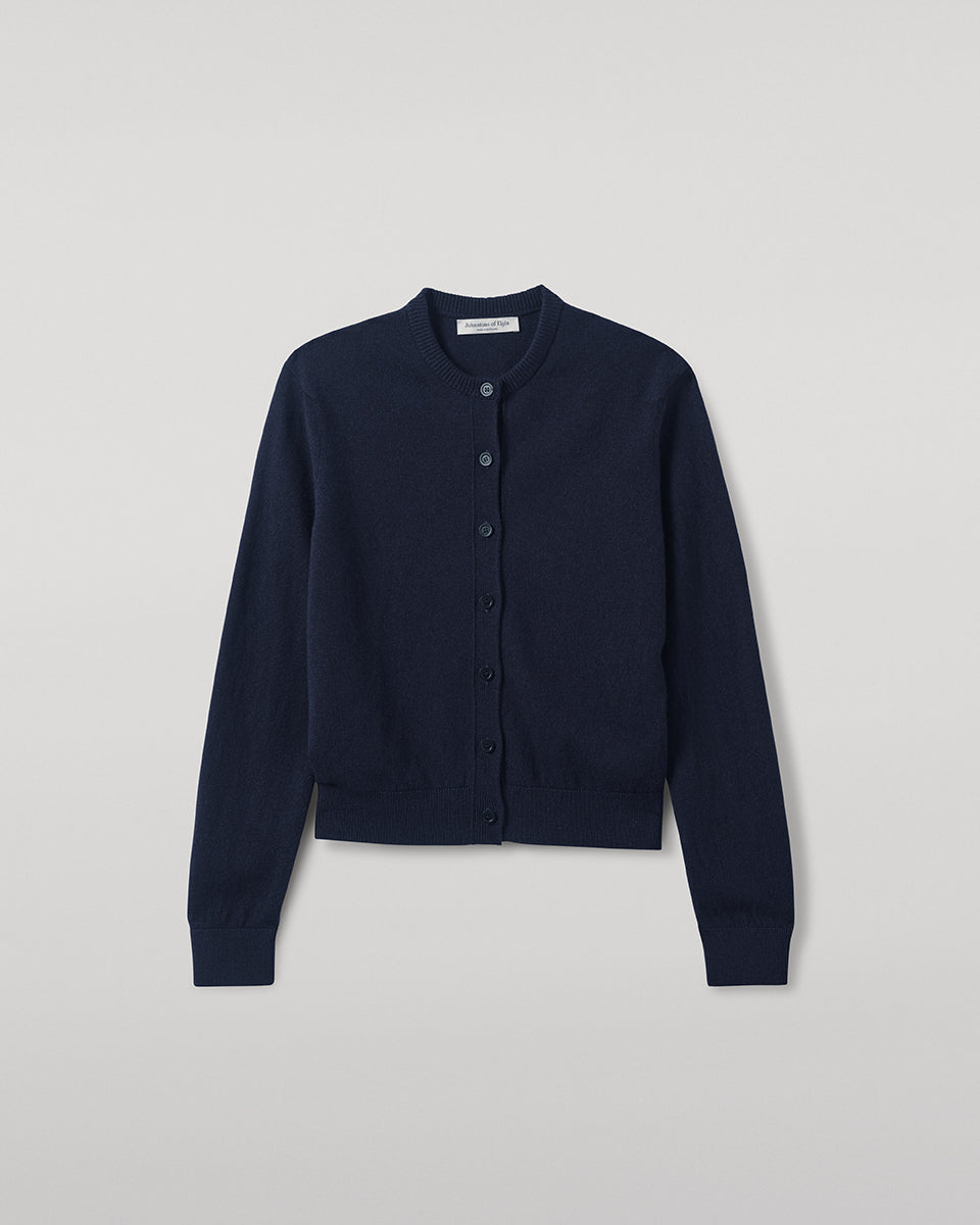Johnstons of Elgin AW25 Women's Knitwear Dark Navy Classic Cashmere Navy Cardigan Close Up KAP05573SD7666