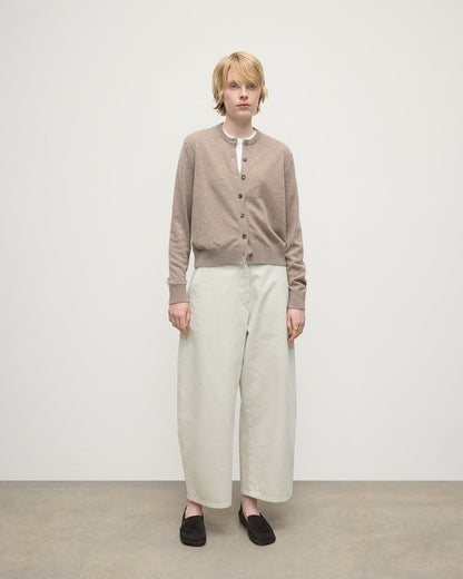 Model wears Johnstons of Elgin AW25 Women's Knitwear Ash Classic Cashmere Brown Cardigan Front KAP05573HB4334