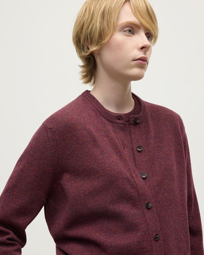 Model wears Johnstons of Elgin AW25 Women's Knitwear Damson Classic Cashmere Purple Cardigan Close Up KAP05573HE7064