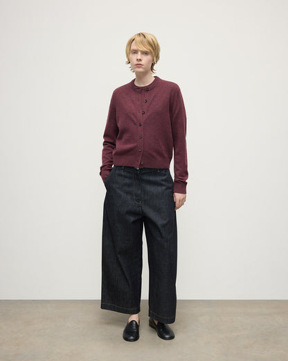 Model wears Johnstons of Elgin AW25 Women's Knitwear Damson Classic Cashmere Purple Cardigan Front KAP05573HE7064