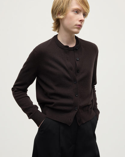 Model wears Johnstons of Elgin AW25 Women's Knitwear Molasses Classic Cashmere Brown Cardigan Close Up KAP05573SB7290