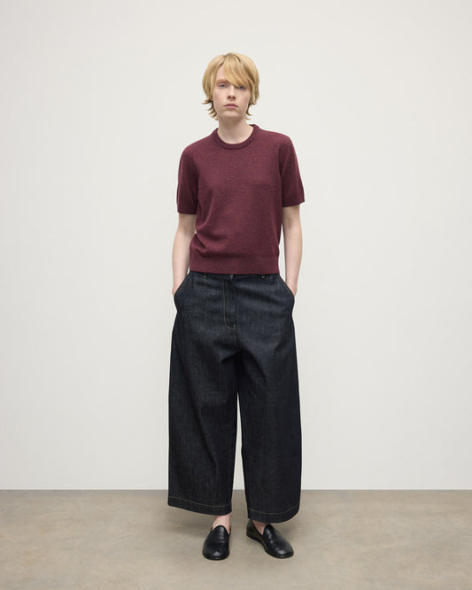 Model wears Johnstons of Elgin AW25 Women's Knitwear Damson Classic Cashmere Purple T-shirt Front KAP05574HE7064