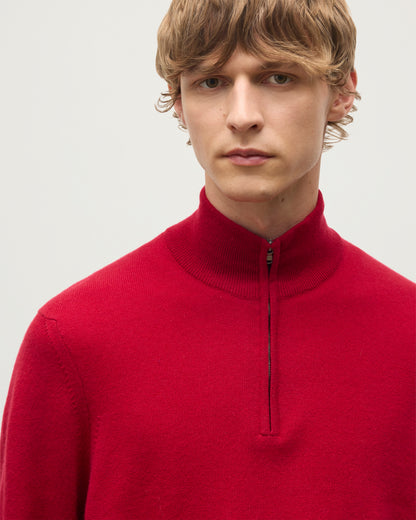 MENS RORY CLASSIC HALF ZIP SWEATER CONTRAST TRIM RED & GREY 100% CASHMERE BY JOHNSTONS OF ELGIN OVER A WHITE T-SHIRT AND OLIVE GREEN TROUSERS KAP05577Q26186