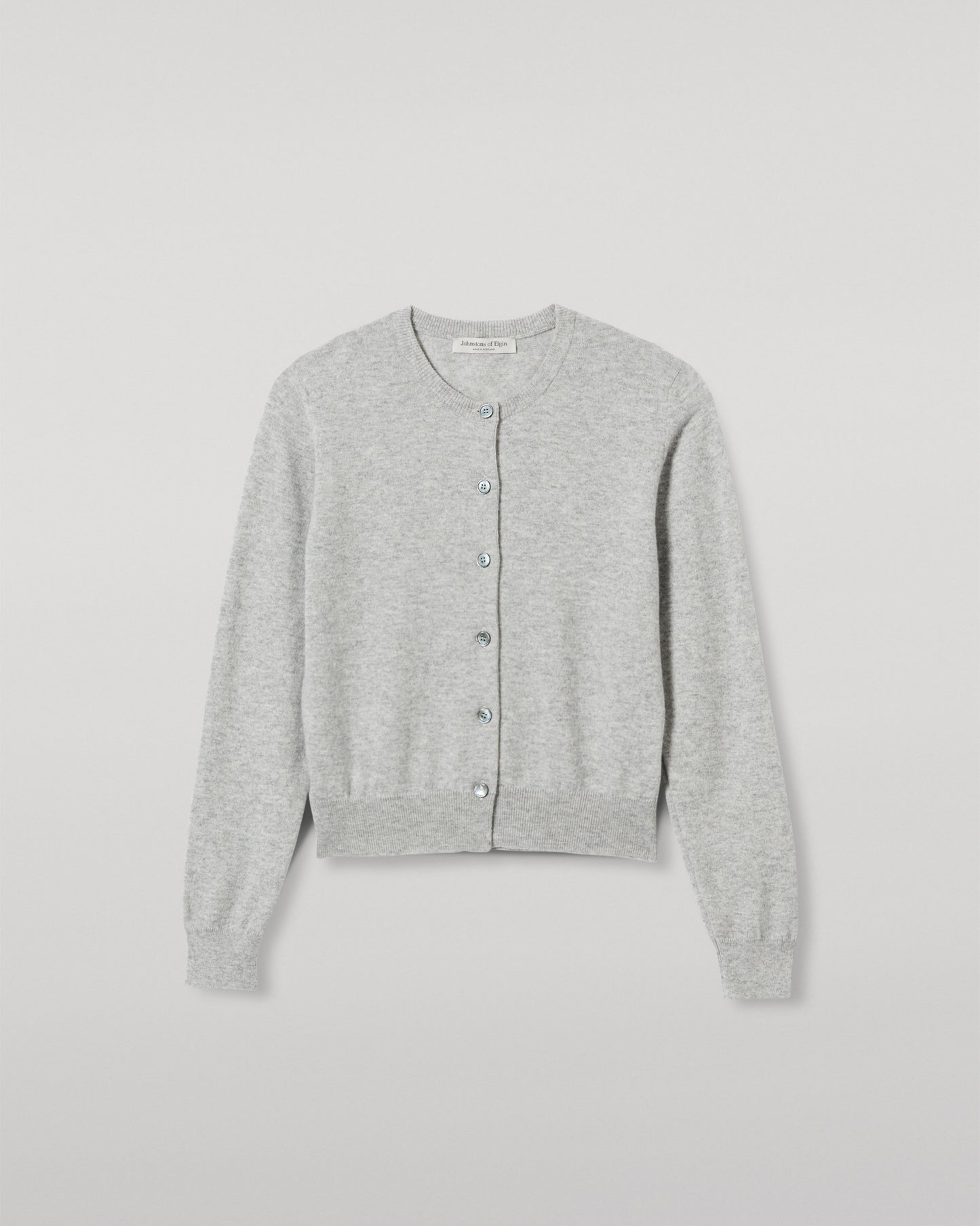 JOHNSTONS OF ELGIN WOMENS IRIS CLASSIC CREW CARDIGAN GREY WITH GREY TROUSERS AND TRAINERS  100% CASHMERE KAP05704HA0399