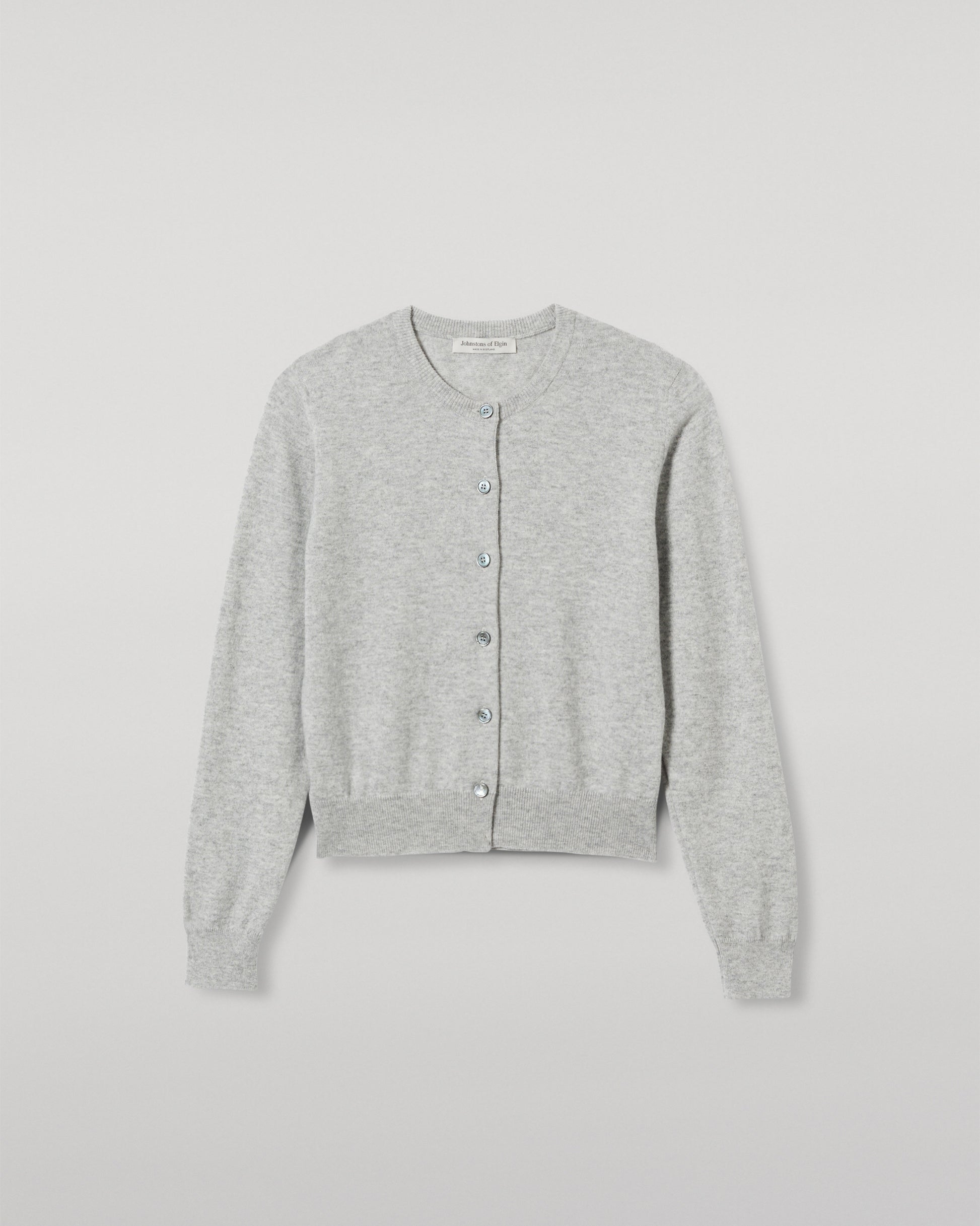 JOHNSTONS OF ELGIN WOMENS IRIS CLASSIC CREW CARDIGAN GREY WITH GREY TROUSERS AND TRAINERS  100% CASHMERE KAP05704HA0399