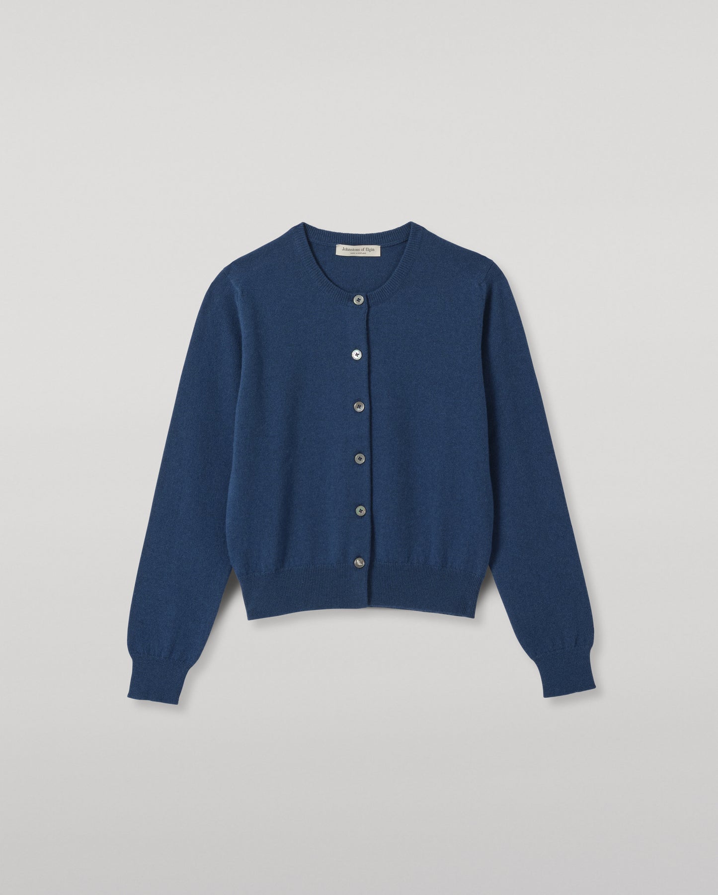 JOHNSTONS OF ELGIN IRIS CREW CARDIGAN PETITE CASHMERE ROUND NECK CARDIGAN - 2 PLY BLUE 100% CASHMERE KAP05704SD5369