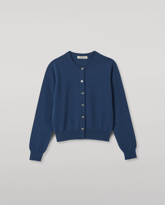 JOHNSTONS OF ELGIN IRIS CREW CARDIGAN PETITE CASHMERE ROUND NECK CARDIGAN - 2 PLY BLUE 100% CASHMERE KAP05704SD5369