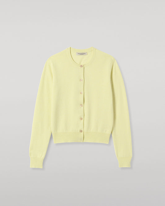 JOHNSTONS OF ELGIN IRIS CREW CARDIGAN PETITE CASHMERE ROUND NECK CARDIGAN - 2 PLY LIGHT YELLOW 100% CASHMERE KAP05704HF0025