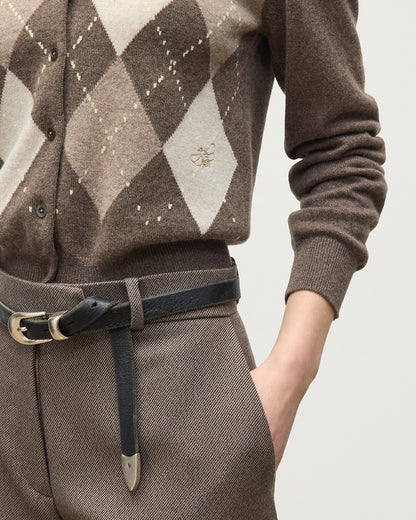 JOHNSTONS OF ELGIN CLAN CREW CARDIGAN PETITE CASHMERE ARGYLE INTARSIA ROUND NECK CARDIGAN - 2 PLY BROWN 100% CASHMERE KAP05731JU1652