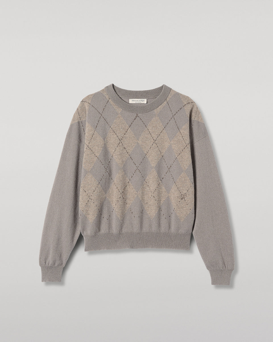 JOHNSTONS OF ELGIN CLAN SLOUCH SWEATER CASHMERE ARGYLE INTARSIA ROUND NECK SLOUCH SWEATER - 2 PLY GREY 100% CASHMERE KAP05732JU1656