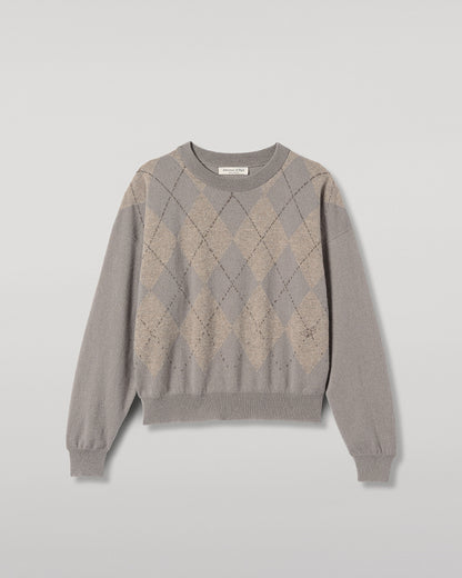 JOHNSTONS OF ELGIN CLAN SLOUCH SWEATER CASHMERE ARGYLE INTARSIA ROUND NECK SLOUCH SWEATER - 2 PLY GREY 100% CASHMERE KAP05732JU1656