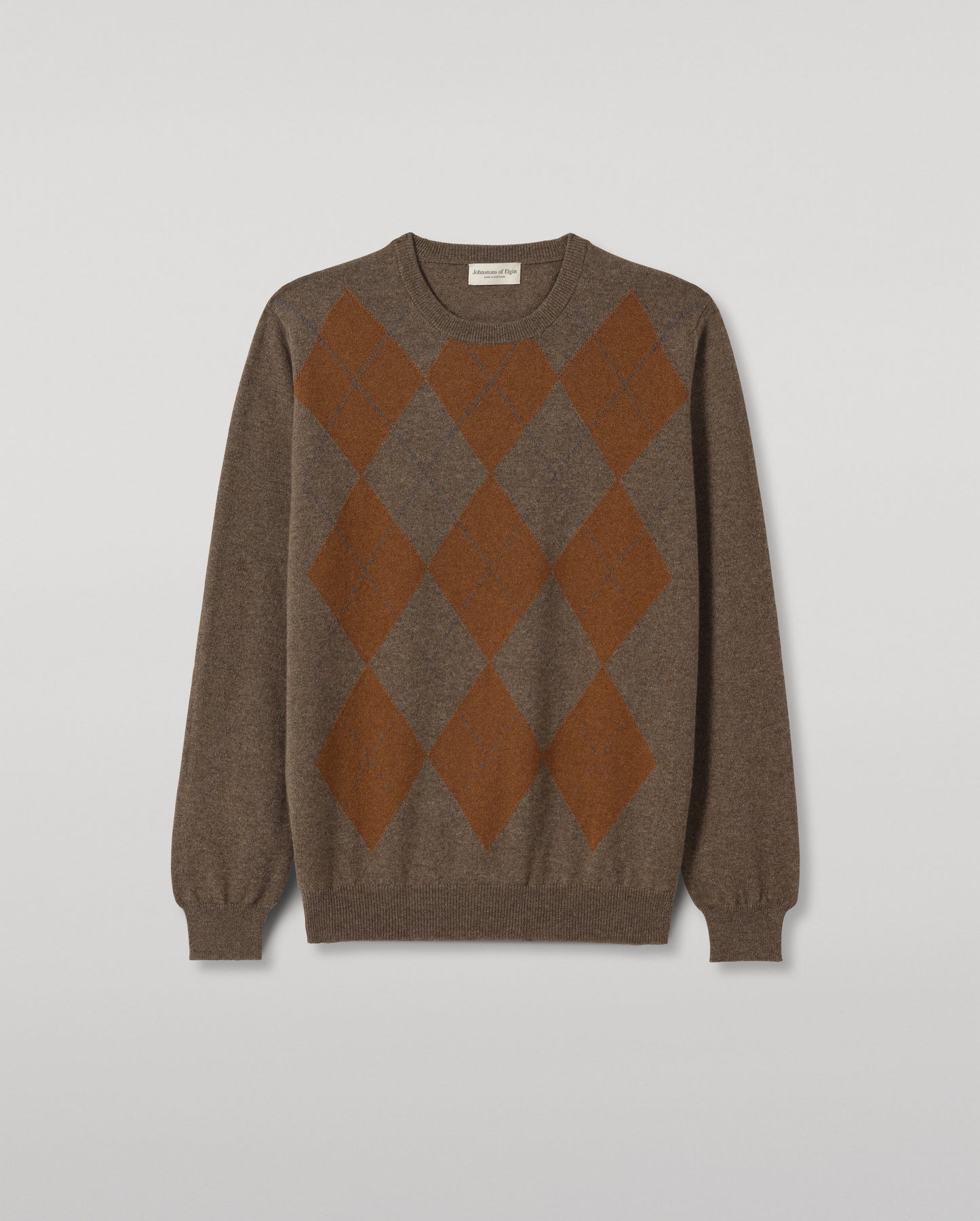 JOHNSTONS OF ELGIN ARGYLL CREW SWEATER CASHMERE ARGYLE INTARSIA CREW NECK SWEATER - 2 PLY BROWN 100% CASHMERE KAP05747JU1638