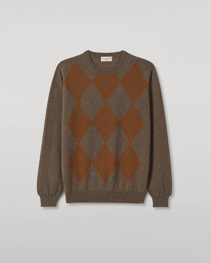 JOHNSTONS OF ELGIN ARGYLL CREW SWEATER CASHMERE ARGYLE INTARSIA CREW NECK SWEATER - 2 PLY BROWN 100% CASHMERE KAP05747JU1638