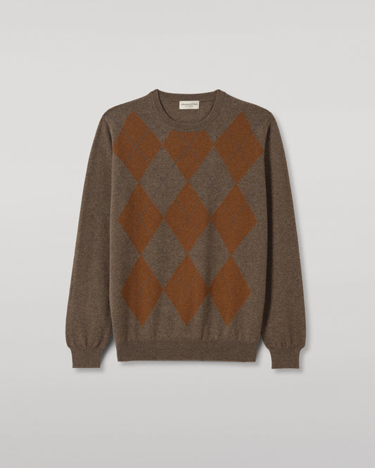 JOHNSTONS OF ELGIN ARGYLL CREW SWEATER CASHMERE ARGYLE INTARSIA CREW NECK SWEATER - 2 PLY BROWN 100% CASHMERE KAP05747JU1638