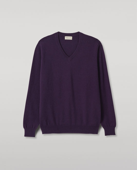 JOHNSTONS OF ELGIN REUBEN VEE NECK CASHMERE VEE NECK SWEATER - 2 PLY DARK PURPLE 100% CASHMERE KAP05960SD5370