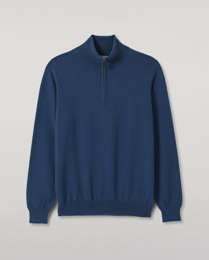 JOHNSTONS OF ELGIN REUBEN HALF ZIP SWEATER CASHMERE ZIP NECK SWEATER - 2 PLY BLUE 100% CASHMERE KAP05961SD5369