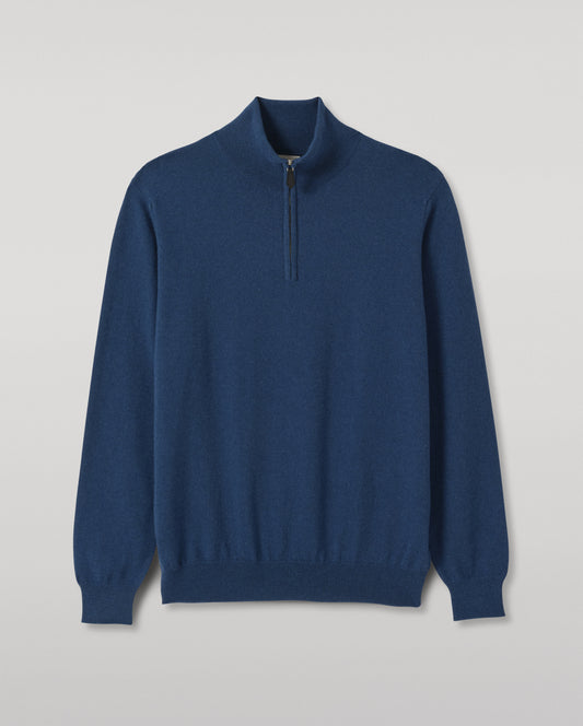 JOHNSTONS OF ELGIN REUBEN HALF ZIP SWEATER CASHMERE ZIP NECK SWEATER - 2 PLY BLUE 100% CASHMERE KAP05961SD5369
