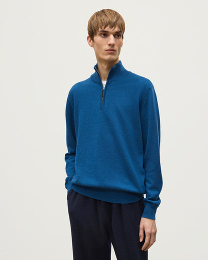 JOHNSTONS OF ELGIN REUBEN HALF ZIP SWEATER CASHMERE ZIP NECK SWEATER - 2 PLY BLUE 100% CASHMERE KAP05961SD5369